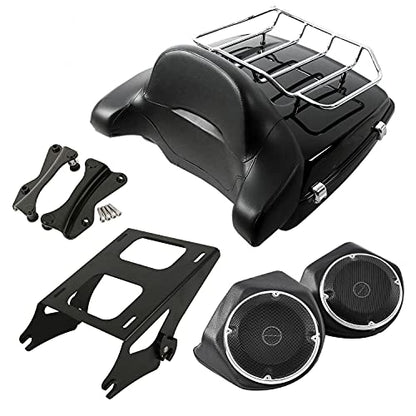 SLMOTO 13.7" King Tour Trunk Wrap Backrest 6.5" Speakers Pack Trunk Mount 2-UP Rack +4 Point Docking Kits Fit for Harley Touring Street Glide Road King 2014-2025 - color: AStyle #13