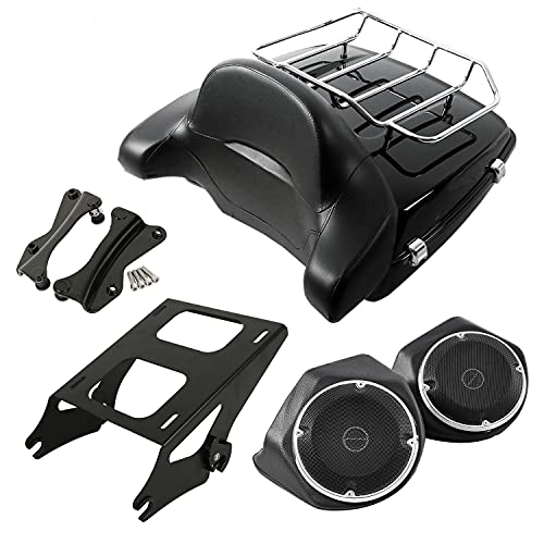 SLMOTO 13.7" King Tour Trunk Wrap Backrest 6.5" Speakers Pack Trunk Mount 2-UP Rack +4 Point Docking Kits Fit for Harley Touring Street Glide Road King 2014-2025 - color: AStyle #13