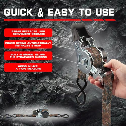 2-Pack Retractable Ratchet Tie Down Straps, 1" x 10ft with Soft Loops & S-Hooks, 1500lbs Break Strength Self-Retracting Cargo Straps for Truck, Trailer, Motorcycle, ATV, Kayak (Camouflage) - size: 2PK- 1500lbs-Camouflage