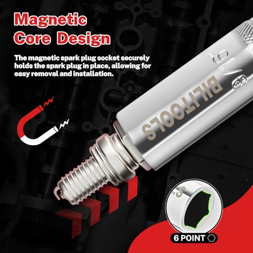 BILITOOLS 9/16" Magnetic Spark Plug Socket, 3/8-Inch Drive, 6-Point, CR-V Steel for Easy Spark Plug Removal and Installation - size: 9/16'' Magnetic