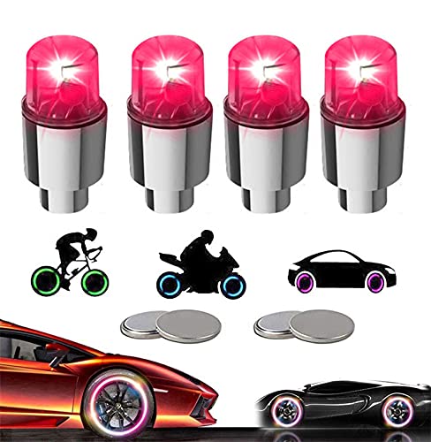LED Tire Lights for Car 4 Pack Trucks Valve Stem Caps Bike Golf Cart Firefly Wheel Light Bicycle Motorcycle Tyre Spoke Lamp Waterproof for Kids Boys with 10 Extra Batteries(Red) - color: Red