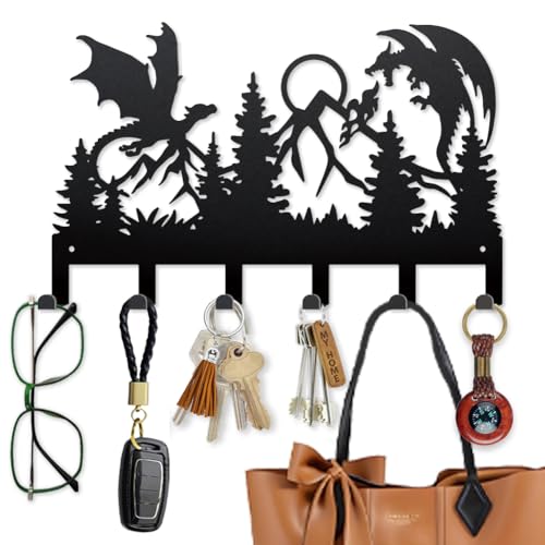 MAYJOYDIY Double Dragon Battle Metal Key Hook Mountain Forest Coat Rack Wall Mounted 15.7×9.8inch Art Wall Decor Key Holder Organizer Rack with 6 Hooks for Gift Coats Hats Towels Bags Hanging - style: Double Dragon Battle