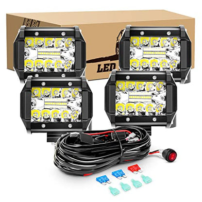 GOOACC 4PCS 60W 4 Inch Triple Row LED Pods Flood Light Bar Fog Light Driving Lighting with 16AWG Off Road Wiring Harness-4 Leads for Truck Golf Cart SUV ATV UTV Boat, Clear,White (Auto-632) - color: 4Pcs LED Pods+ Wiring Harness