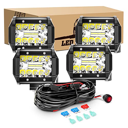 GOOACC 4PCS 60W 4 Inch Triple Row LED Pods Flood Light Bar Fog Light Driving Lighting with 16AWG Off Road Wiring Harness-4 Leads for Truck Golf Cart SUV ATV UTV Boat, Clear,White (Auto-632) - color: 4Pcs LED Pods+ Wiring Harness