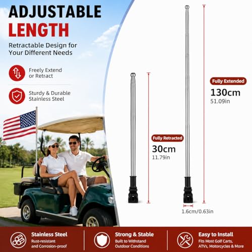 2Pcs Adjustable Stainless Steel Motorcycle Flag Pole, 51in Retractable Bike Flagpole Golf Cart Holder, Telescopic Motorcycle Bicycle Flag Mount for ATV Wheelchair Dirt Bike Mount