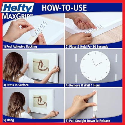 Hefty Picture Hanging Kit - 16 Medium Pairs, Holds Up to 12 Lbs | Picture Hangers & Kit for Home Decor - Picture Hanging Hardware for Superior Adhesion on Frames, No Nails