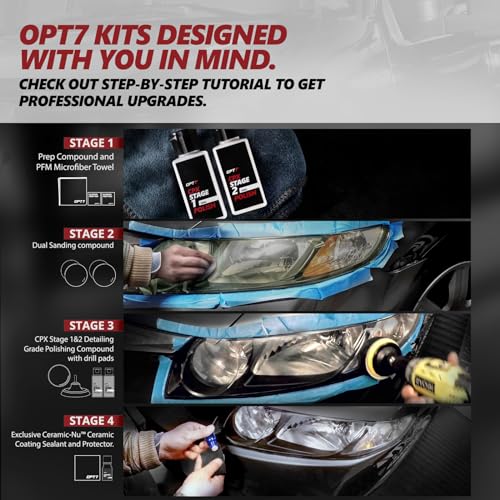 OPT7 Headlight Restoration Kit with Exclusive Ceramic Nu Coating - Professional Detailers Grade - Lens Polisher Drill Set