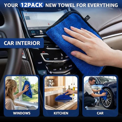 SMINDER 12-Pack Microfiber Cleaning Cloth, Car Drying Towels Car Detailing– XL Microfiber Towels for Cars, Trucks (15.7" x 15.7"), Ultra-Absorbent, Streak-Free, Scratch-Free, No Water Spots - color: Blue