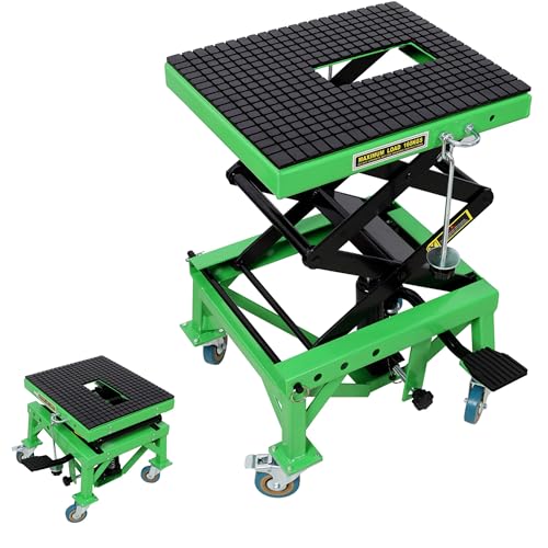350 LBS Motorcycle Lift Table with 4 Wheels, Hydraulic Lift Table Cart & Motorcycle Scissor Jack Stand with Locking Pin & J-Hooks for Small Dirt Bikes/ATV Dirt Bike, Portability (Green) - color: Green