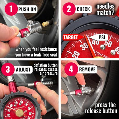 SKÖG Dual-Needle Tire Pressure Gauge 100 PSI | Leak-Free RatchetSeal Patented Quick-Connect | Cars, Trucks, Motorcycles, Bicycles | Battery Free