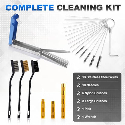Premium Carburetor Cleaning Kit, Stainless Steel Torch Tip Cleaner with 13 Wires, 10 Needles, 5 Nylon Brushes, 3 Large Brushes, Pick & Wrench Set for Motorcycle ATV Lawn Mower Small Engine