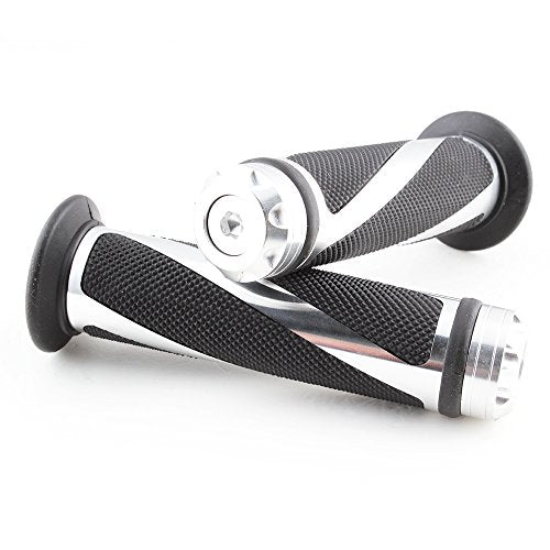 Pair of 7/8" 22mm Motorcycle CNC Aluminum Rubber Gel Hand Grips Handlebar for Sports Bike Chopper Cruiser Bike - color: Silver with Bar End
