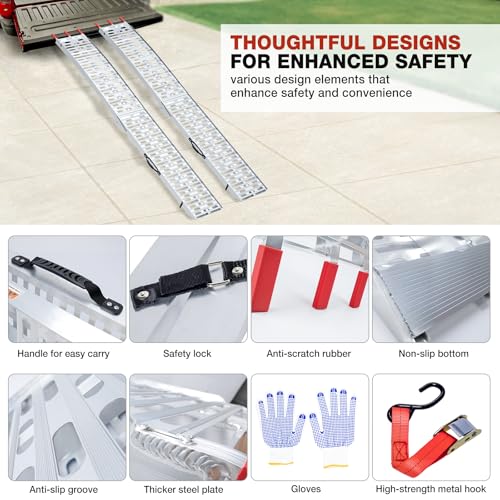 90" Aluminum Folding Loading Ramps, 1860 lbs Capacity Heavy Duty Truck Ramps, Pair of Non-Slip ATV/UTV Ramps with Handles & Safety Straps for Pickup Trucks, Trailers, Lawn Mowers