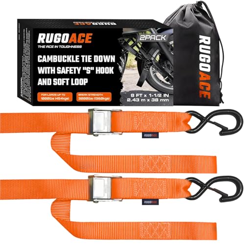 2PK 1.5" x 8FT Motorcycle Tie Down Straps, 3,000lb Break Strength, Heavy Duty Cambuckle, Safety S-Hooks & Soft Loops for Dirt Bike, ATV, UTV, Boat, and Kayak, Durable and Easy to Use, Orange - color: Orange