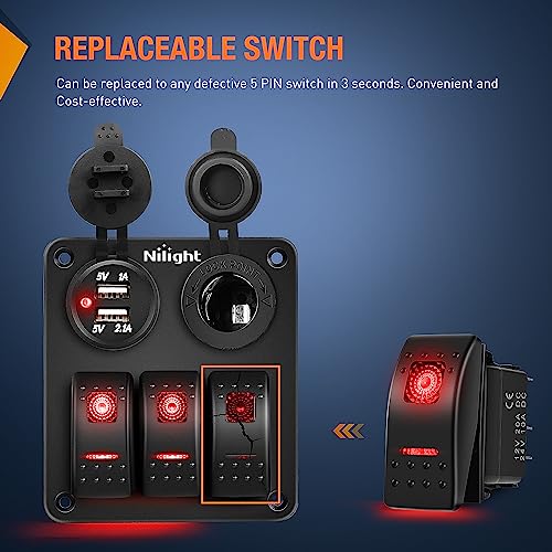 Nilight 3 Pack Rocker Switches with Night Glow DIY Stickers On Off 5 PIN SPST LED Light Red Backlit 12V/24V Toggle for Cars Trucks RVs Boats Auto Motorcycles - color: Red 3 PCS