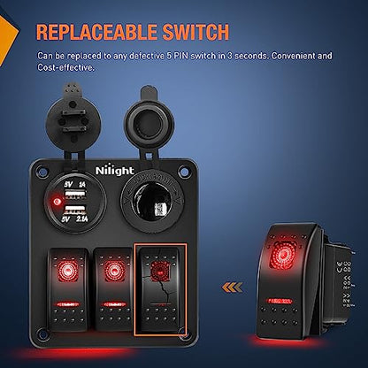 Nilight 3 Pack Rocker Switches with Night Glow DIY Stickers On Off 5 PIN SPST LED Light Red Backlit 12V/24V Toggle for Cars Trucks RVs Boats Auto Motorcycles - color: Red 3 PCS