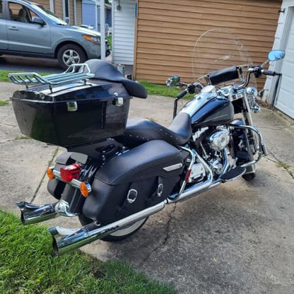 ECOTRIC Luggage Trunk Compatible with 1997-2013 Harley Road King Electra Glide Road Glide Street Glide King Motorcycle Trunk W/Top Rack - color: Black, size: King Tour Pack W/ Backrest Pad & Top Rack