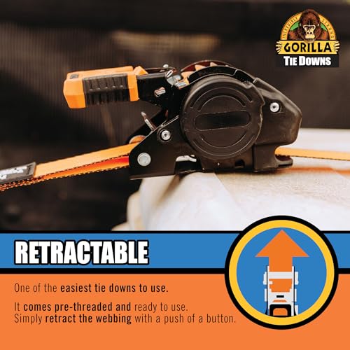 Gorilla Ratchet Tie Down Straps (2Pack) 1in x 10ft 1200lb Break Strength, Self-Locking Retractable, Heavy-Duty Orange Webbing, Gorilla-Grip Handles, Cap Locks, E-Coated Ratchets, Vinyl Hooks for Cargo - style: 1in x 10ft - 1,200lb Break (Pack of 2)