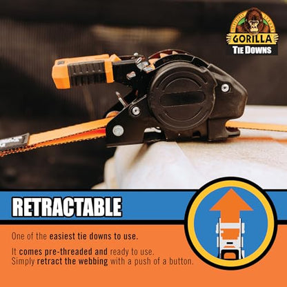 Gorilla Ratchet Tie Down Straps (2Pack) 1in x 10ft 1200lb Break Strength, Self-Locking Retractable, Heavy-Duty Orange Webbing, Gorilla-Grip Handles, Cap Locks, E-Coated Ratchets, Vinyl Hooks for Cargo - style: 1in x 10ft - 1,200lb Break (Pack of 2)