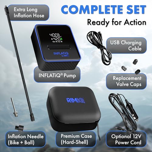INFLATiQ by RIMiQ Tire Inflator Blue - Powerful, Award-Winning QWIKFLOW Technology with 2 Portable Power Options Included - Strong Vehicle Air Pump for Trucks, Cars, Motorcycles, Bicycles, Balls