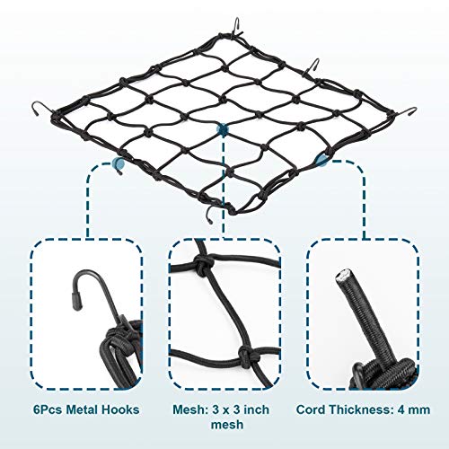 15.7"x15.7" 2Pack Bungee Cargo net Motorcycle, Made of Latex Heavy Duty Bungee Net Stretches to 33"x33", Luggage Thicken Netting with3 x3 Small Mesh&6 Adjustable Metal Hooks for Motorcycle, Bike, ATV