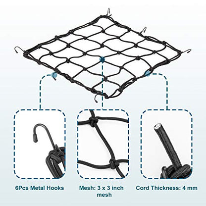 15.7"x15.7" 2Pack Bungee Cargo net Motorcycle, Made of Latex Heavy Duty Bungee Net Stretches to 33"x33", Luggage Thicken Netting with3 x3 Small Mesh&6 Adjustable Metal Hooks for Motorcycle, Bike, ATV