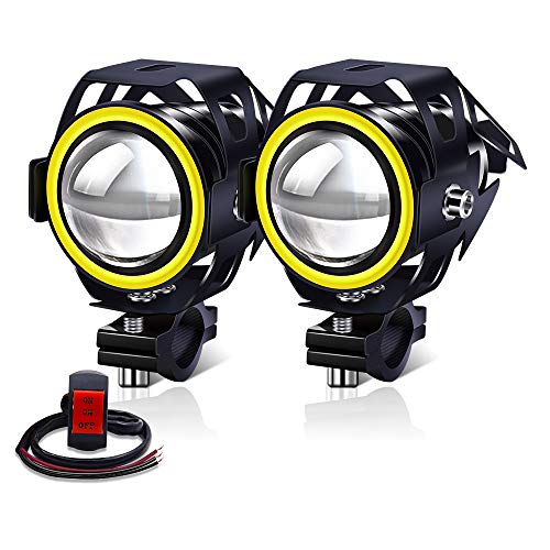 Motorcycle Led Fog Lights Driving Spotlight with Yellow Angel Eyes Halo Ring, Motorcycle Auxiliary Lights with Switch for Motorbike Dirtbike Scooter ATV UTV 2PCS (Yellow) - color: Yellow