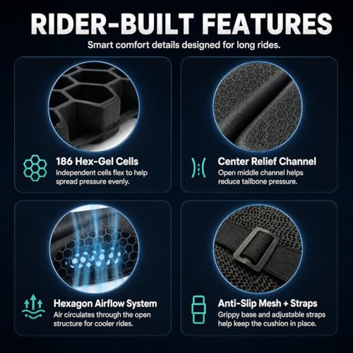 Hexrider Motorcycle Seat Cushion, 3D Honeycomb Gel Motor Seat Pad for Long Rides, Ergonomic Shock Absorption TPE Rider Cushion, Universal Non-Slip Breathable Cruiser Touring Seat Cover