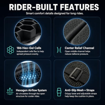 Hexrider Motorcycle Seat Cushion, 3D Honeycomb Gel Motor Seat Pad for Long Rides, Ergonomic Shock Absorption TPE Rider Cushion, Universal Non-Slip Breathable Cruiser Touring Seat Cover