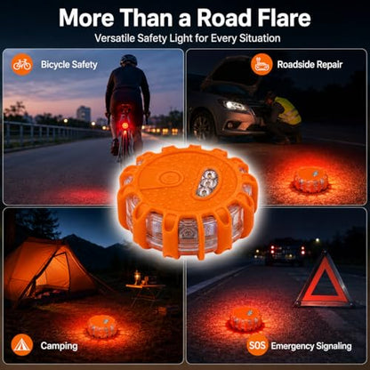 Huyumpxy LED Road Flares Emergency Lights, 9 Flashing Modes Roadside Safety Warning Light with Magnetic Base & Built-in Hook, Battery Powered Safety Beacon for Car, Truck, Motorcycle, Camping, 1 Pack