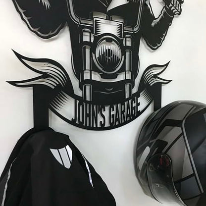 Custom Metal Skull Garage Wall Hanger – Personalized “Your Name Garage” Helmet and Jacket Rack – Handmade Laser Cut Black Steel Wall Art for Motorcycle Lovers Gift (79X89cm/31X40 Inches) - size: 79X89cm/31X40 Inches