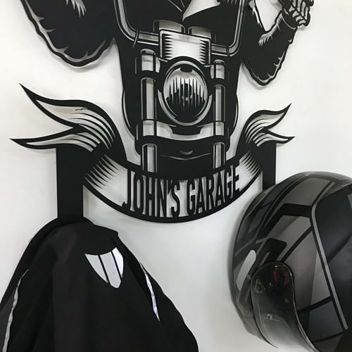 Custom Metal Skull Garage Wall Hanger – Personalized “Your Name Garage” Helmet and Jacket Rack – Handmade Laser Cut Black Steel Wall Art for Motorcycle Lovers Gift (61X69cm/24X27 Inches) - size: 61X69cm/24X27 Inches