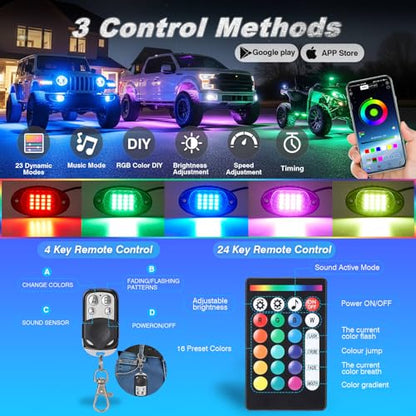 10Pods RGB LED Rock Lights for Jeep Trucks Golf Cart ATV UTV RZR SUV Offroad,Multicolor Underglow Light Kit with APP/RF Remote Dual Zone Neon Vehicle Accent Underbody Light 12V Waterproof - size: 10Pods
