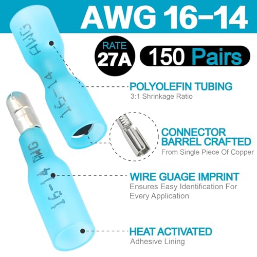 300PCS Heat Shrink Bullet Connectors AWG 16-14, Male & Female Marine Grade Waterproof Electrical Insulated Wire Connectors, Blue Quick Disconnect Wire Crimp Terminal for Boat Automotive - size: AWG 16-14