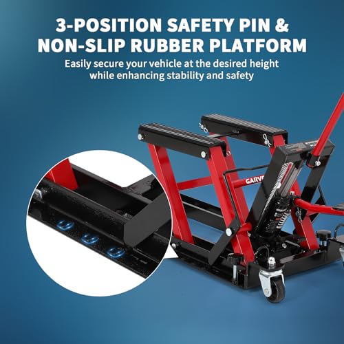 GarveeLife Hydraulic Motorcycle Lift Jack, Scissor Jack with with Foot Pedal & Wheels, 1500LB Capacity, 4.7''-14.57'' Height Range, Non-Slip Platform & 360° Swivel Casters, ATV/UTV/Dirt Bike Lift - color: Red