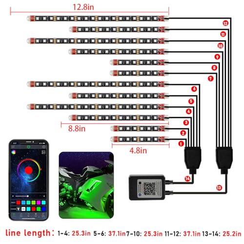 Motorcycle Led Underglow Kit 12pcs Waterproof RGB Motorcycle Led Lights Atmosphere Lights Lamp with Dual Rf Wireless Remote Controllers for Harley Davidson Honda Kawasaki Suzuki