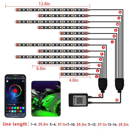 Motorcycle Led Underglow Kit 12pcs Waterproof RGB Motorcycle Led Lights Atmosphere Lights Lamp with Dual Rf Wireless Remote Controllers for Harley Davidson Honda Kawasaki Suzuki