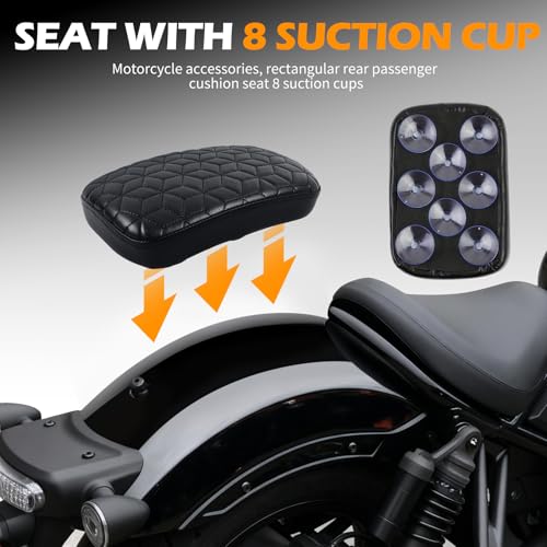 DREAMIZER Universal Black Motorcycle Solo Passenger Seat Rear Cushion 8 Suction Cups Compatible with Harley Davidson Sportster XL 883 1200 Forty Eight Dyna Chopper Bobber Custom (Diamond-Breathable) - style: Diamond Black (Breathable)