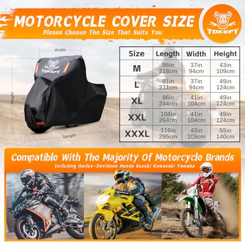 Motorcycle Cover, All Season Waterproof Outdoor Protection with Lock-Holes, Night Reflective & Storage Bag, Fits up to 104" Cruisers, Touring, Dirt Bikes (Black) - size: XXL-104"