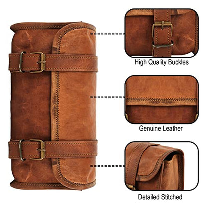 Leather Handlebar Bag Brown Saddle Motorcycle Bag Bicycle Tool Bag Buff Leather Travel Accessory Pouch (Tan Brown)