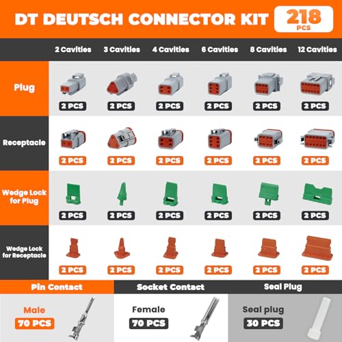 218PCS 12 Kits DT Deutsch Connector Kit with Ratcheting Wire Crimper, 2/3/4/6/8/12 Pin IP68 Waterproof Automotive Electrical Connectors, Size 16 Stamped Contacts for Car Truck Boat Motorcycle