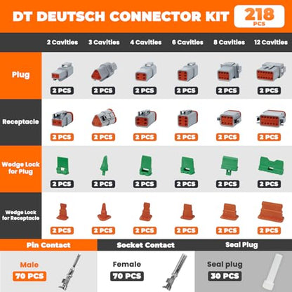 218PCS 12 Kits DT Deutsch Connector Kit with Ratcheting Wire Crimper, 2/3/4/6/8/12 Pin IP68 Waterproof Automotive Electrical Connectors, Size 16 Stamped Contacts for Car Truck Boat Motorcycle