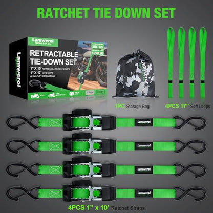 Retractable Ratchet Straps (4-Pack) - 1 Inch x 10 Feet (1,650lb Break Strength) - Heavy Duty Auto Self Retracting Tie Down Straps for Motorcycle, ATV, UTV, Truck, Cargo Trailer - Green - color: Green