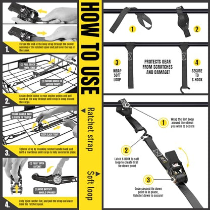 Stay There Ratchet Tie Down Straps 1'' x15', Ratchet Straps with S Hook - 1760lb Break Strength for Securing Motorcycle, Kayak, Truck with Rubber Handles, A Sturdy Bonus Bag & 4 Soft Loops Included - color: Black