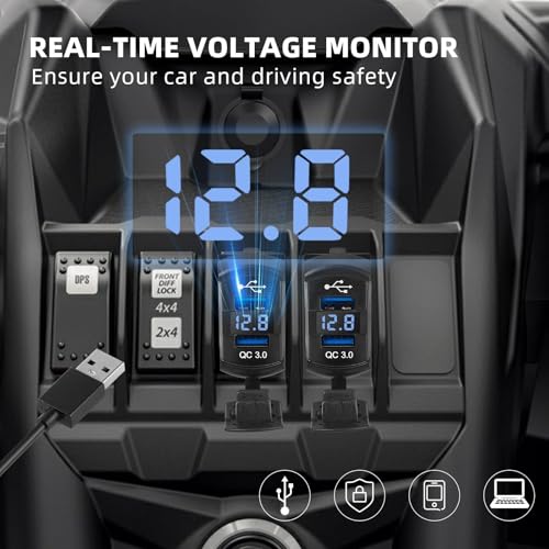 Anina QC Dual USB3.0 Car Charger Port Rocker Switch Style, 12V-24V Waterproof USB Socket with Blue LED Voltmeter, Universal Fast Charge USB Replacement for Marine Toggle Switch Panel on Boat Truck RV