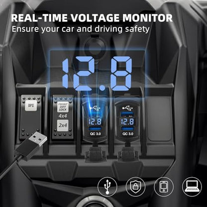 Anina QC Dual USB3.0 Car Charger Port Rocker Switch Style, 12V-24V Waterproof USB Socket with Blue LED Voltmeter, Universal Fast Charge USB Replacement for Marine Toggle Switch Panel on Boat Truck RV