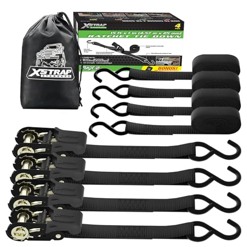XSTRAP STANDARD 4 Pack 1" x 15' Ratchet Tie Down Straps - 630 Lbs Load Cap, 1890 Lbs Break Strength, Heavy Duty Cargo Straps for Moving, Truck & Motorcycle, Black - style: 4pk 1inchx15ft 1890lbs black