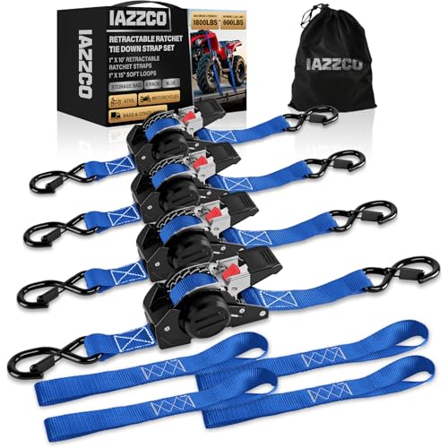 10FT Retractable Ratchet Straps(4-Pack) - 1 Inch (1800 LB Break Strength) Heavy Duty Self Retracting Ratchet Straps with Soft Loops & Storage Bag for Household, Motorcycle, Truck, ATV(Blue) - style: Blue-4 Pack