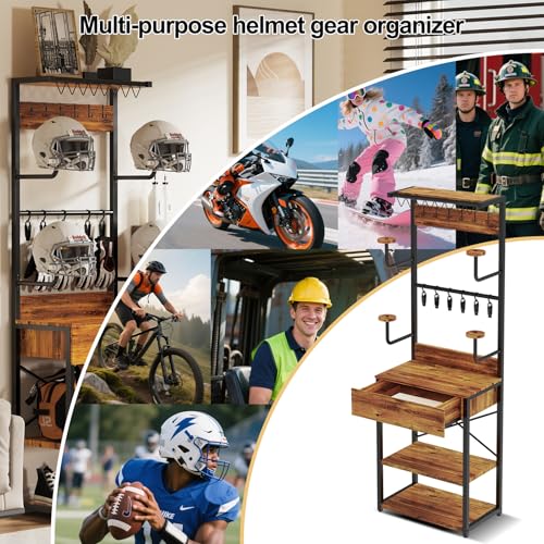 Motorcycle Helmet Holder Floor Standing, 72"x24"x14" | Large Capacity Motorcycle Helmet Storage Rack with Drawer, For Sports Helmets & Boots Clothing Cyclinge Gear Kit - size: 72"Hx24"Lx14"W