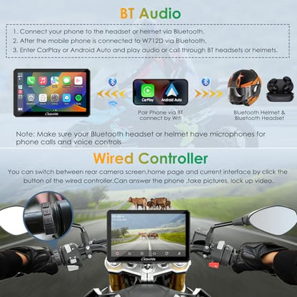 Carpuride W712D Motorcycle Carplay Screen with HD 1080 Dual Dash Cam, Wireless Car Play and Android Auto, 7" Waterproof Rotatable Navigation Touchscreen, Loop Recording, Bluetooth, Wired Controller - style: Carpuride w712d